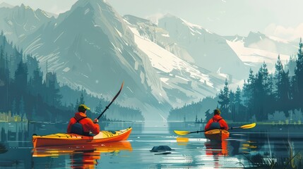 Kayaking expedition, Illustrate kayakers paddling through serene lakes or meandering rivers, surrounded by scenic landscapes and wildlife