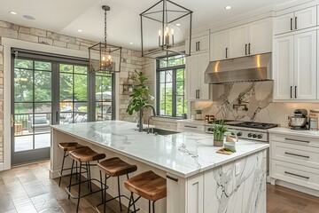 Elegant Minimalist Kitchen with Chic Waterfall Island. Concept Interior Design, Kitchen Renovation, Waterfall Island, Minimalist Decor, Elegant Style