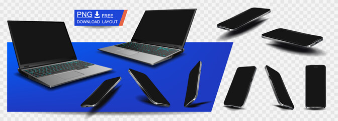 Modern collection realistic gadgets on transparent background from different sides. Slim stylish laptop with blank display and smartphone mockups from different angles. Stylish models digital devices