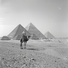 A nomad riding a camel near the pyramids in the Egyptian desert.  - obrazy, fototapety, plakaty