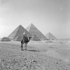 Foto op Canvas A nomad riding a camel near the pyramids in the Egyptian desert.  © Elshad Karimov