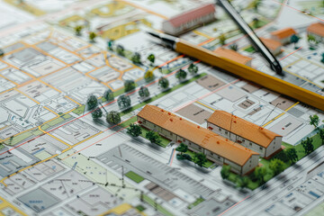 cadastral map with buildings, land parcel and vacant plot - land records and property registry concept