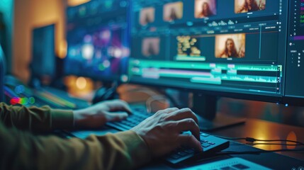 Video editing. Editor’s hands navigating a colorful timeline in pro editing software, detailed video and audio tracks