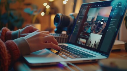 Video editing. Creative process in action: Side shot of a vlogger editing content with coffee and camera for company on the desk