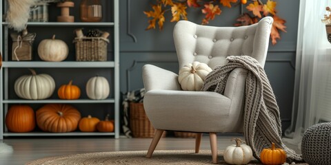 Chic living space with pumpkins and cozy textiles, autumn themed. Great for interior design and seasonal lifestyle segments.
