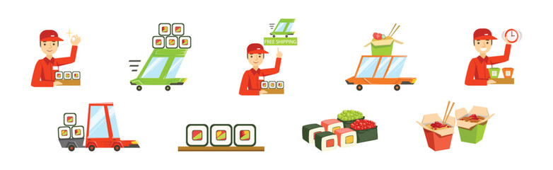 Sushi Free Delivery and Shipping Service with Deliveryman Vector Set - 782137432