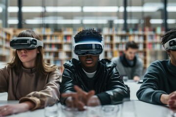 People using virtual reality headsets in a library with bookshelves in the background