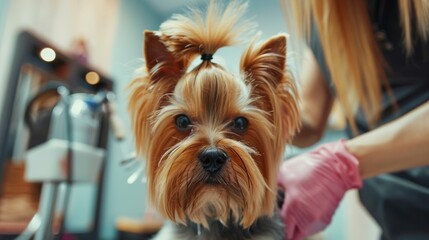 Yorkshire terrier at a grooming session, perfect for pet beauty and care industry.