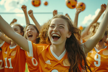Film still of a group of young female soccer players celebrating victory