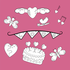 Love set. Cartoon illustrations with heart elements. Black and white on pink background