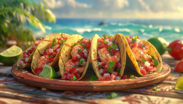 Seafood Taco Fiesta, Put a twist on traditional tacos with images of seafood tacos filled with grilled fish, shrimp, or lobster, topped with fresh salsa and creamy avocado