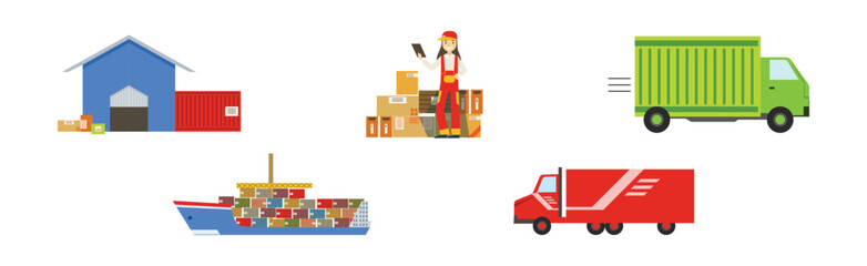 Warehouse and Logistics with Parcel and Cardboard Box Shipment and Storage Vector Set - 782138028