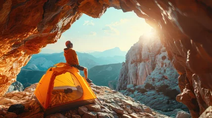 Fotobehang Extreme camping, Photograph adventurers engaging in extreme camping activities like cliff camping, ice camping, or desert camping © Chom