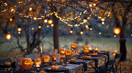 Outdoor Halloween dinner setup with fairy lights and pumpkins, ideal for autumn events.