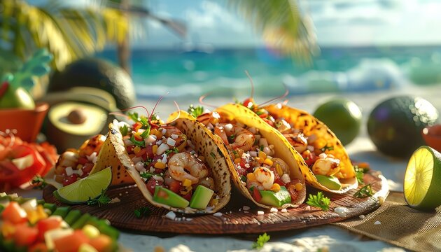 Seafood Taco Fiesta, Put a twist on traditional tacos with images of seafood tacos filled with grilled fish, shrimp, or lobster, topped with fresh salsa and creamy avocado