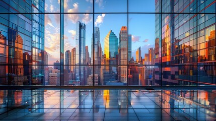Reflection of skyscrapers in a glass building
