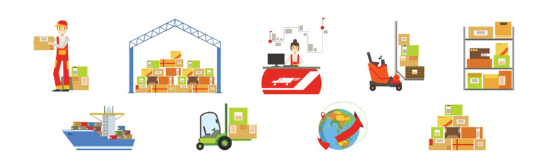 Warehouse and Logistics with Parcel and Cardboard Box Shipment and Storage Vector Set - 782138223