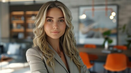 Portrait of young white woman in busy modern workplace