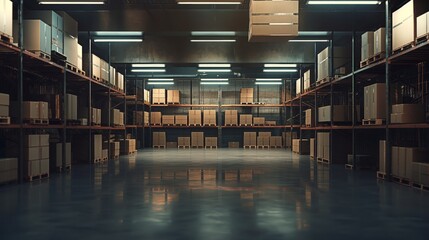 Warehouse or storage and shelves with cardboard boxes. Logistics transfer warehouse.Industrial background. - obrazy, fototapety, plakaty