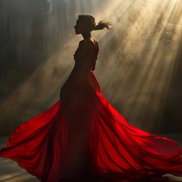 A fashion model is depicted from the back, wearing a flowing red dress that billows in the wind. The woman gazes toward a source of light, creating a striking silhouette against the backdrop