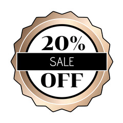 20% off stamp with the colors white, gold and black.