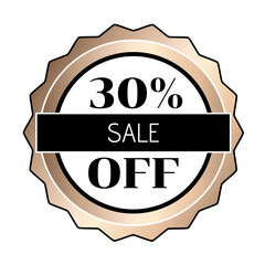 30% off stamp with the colors white, gold and black.
