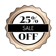 25% off stamp with the colors white, gold and black.