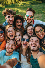 Big group of friends taking selfie picture smiling at camera - Laughing young people celebrating standing outside and having fun