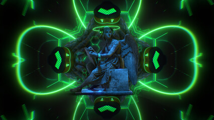 A stone Angle statue with digital light effects and a neon halo, wearing headphones. - obrazy, fototapety, plakaty