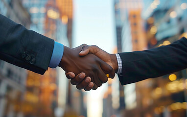 Handshake Between Two Businessmen, Skyscrapers in the Background - professional agreement, corporate deal, urban business. - obrazy, fototapety, plakaty
