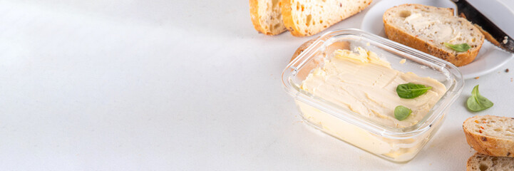 Homemade Vegan Butter, non-dairy creamy, plant based alternative butter with soy bean leave, and...