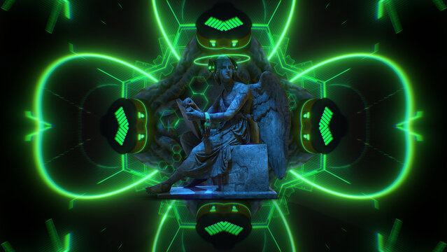 A stone Angle statue with digital light effects and a neon halo, wearing headphones.