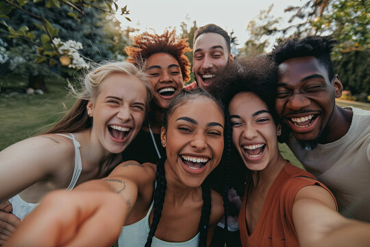 Big group of friends taking selfie picture smiling at camera - Laughing young people celebrating standing outside and having fun