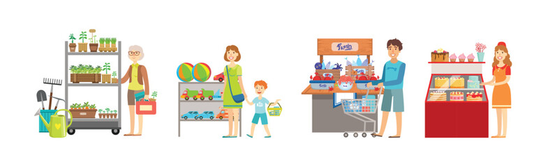 People Character Do Shopping and Purchase in Store Vector Set - 782138821