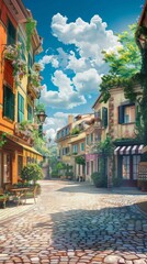 A charming village square with cobblestone streets, quaint cafes, and colorful storefronts, against a backdrop of clear blue skies and puffy white clouds - obrazy, fototapety, plakaty