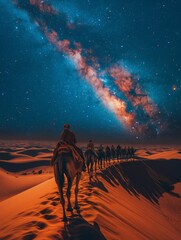 AI generation photo an desert scene. Aerial image of a camel walking in the desert, footprints...