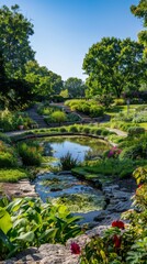 A lush botanical garden with colorful blooms, winding paths, and tranquil ponds, under a bright summer sun and clear blue skies