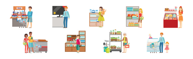 People Character Do Shopping and Purchase in Store Vector Set