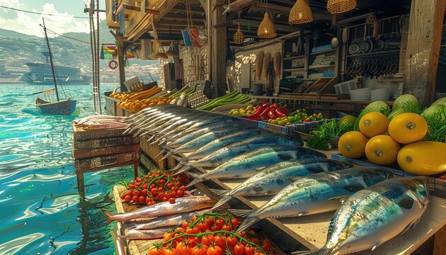 Fisherman's Catch, Highlight the bounty of the sea with images of a variety of freshly caught fish, including salmon, tuna, and snapper