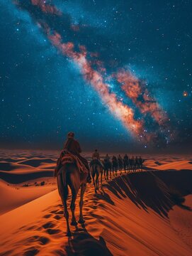 AI generation photo an desert scene. Aerial image of a camel walking in the desert, footprints visible . Night sky, Milky Way visible, moonlit