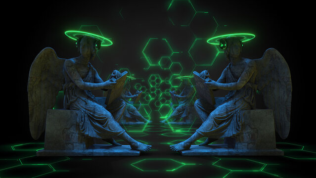 Rows of stone Angle statues with digital light effects and a neon halo, wearing headphones.