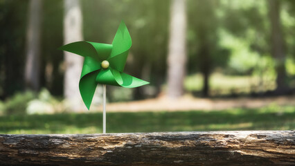 ESG and clean energy paper windmill concept on green background. Sustainable resources. Earth Day. Investing in green businesses. Reducing carbon and creating clean and sustainable energy.