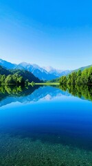 lakeside retreat with calm waters, forested shores, and a distant mountain backdrop, under a clear summer sky