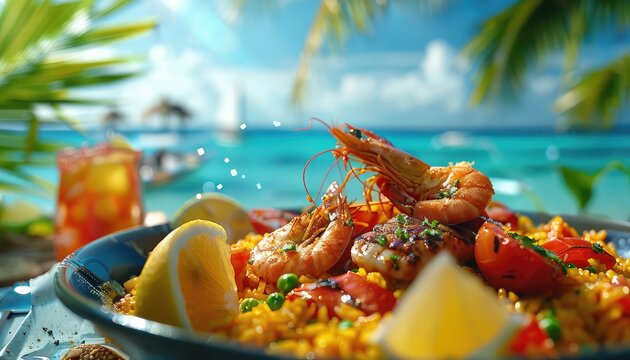 Tropical Island Seafood Feast, Transport viewers to a tropical paradise with images of seafood feasts featuring grilled fish, coconut shrimp, and seafood paella