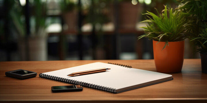 notebook and pen on wood, A image of a clean and organized workspace with a notebook and pen placed on a desk, ready for writing or brainstorming