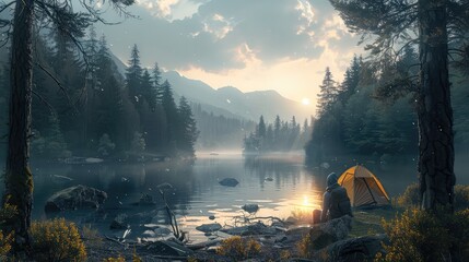 Solo wilderness retreat, Illustrate a lone camper surrounded by pristine nature, finding solace and introspection in the quiet solitude of the wilderness