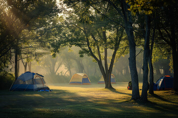 serene morning at a campsite with tents nestled among the trees, the silence of nature offering a perfect escape