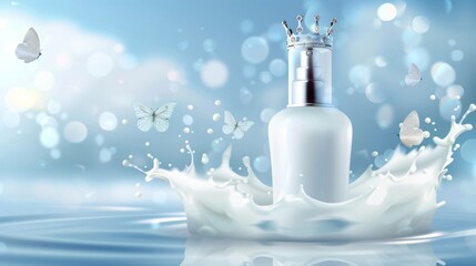 Modern blurred background of milk cosmetics. White bottle with silver dispenser, body lotion in milk splash, crown with flying butterflies. - obrazy, fototapety, plakaty