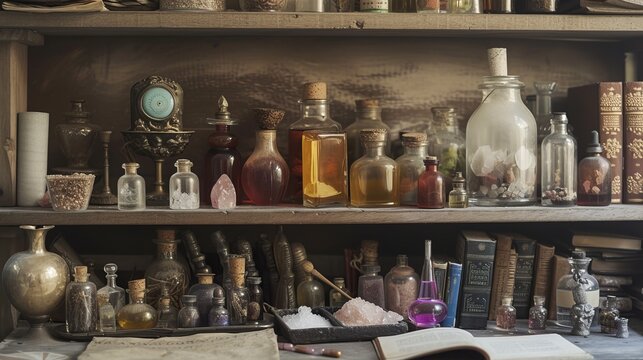 Illustration of occult magic magazine and shelf with various potions, bottles, poisons, crystals, salt. Alchemical medicine concept	
