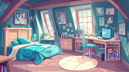 An attic bedroom for a girl with an unmade bed, a desk and computer for studying, books and pictures. Modern cartoon mansard teenagers' bedroom.